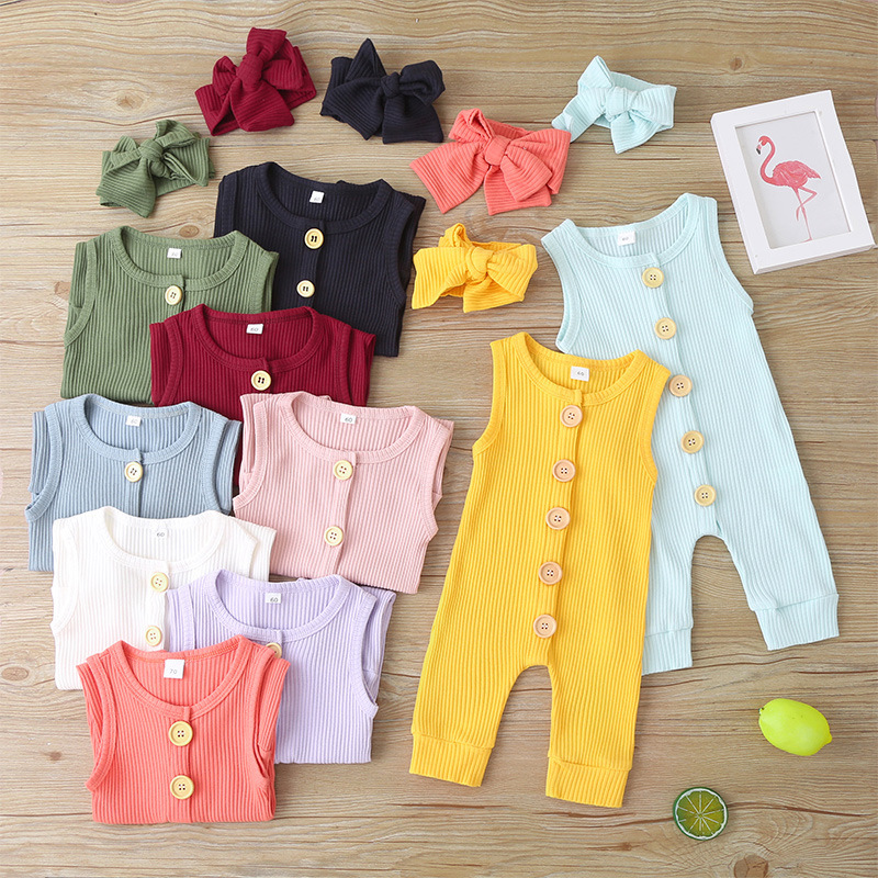 Conyson fashion hot sale ins boutique stripe Cotton Infant kid headband Sleeveless button one-piece Baby Summer Clothing Rompers