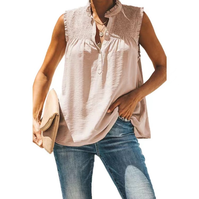 Conyson Hot Sale New Style Summer Woven Lotus Sleeve Lotus Collar Button Ruffle Formal Women's Vests And Chiffon Waistcoats