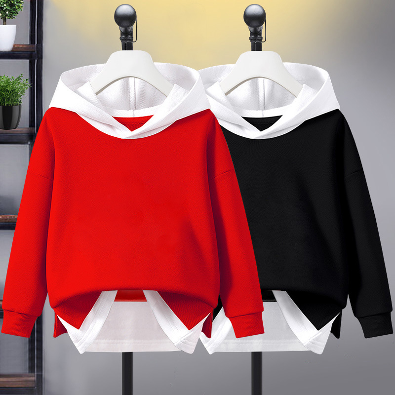 Wholesale Custom Logo Unisex Kids Hoodie Sweater Splicing Stitching Color Assumes Two Pieces Casual Sports Tops Upper Garments