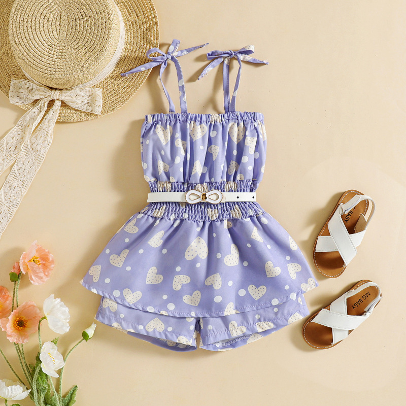 Conyson Wholesale Kids Clothes Summer Sleeveless Heart Printed Baby Little Girls Halter Casual Dress Shorts Outfit Hot Fashion
