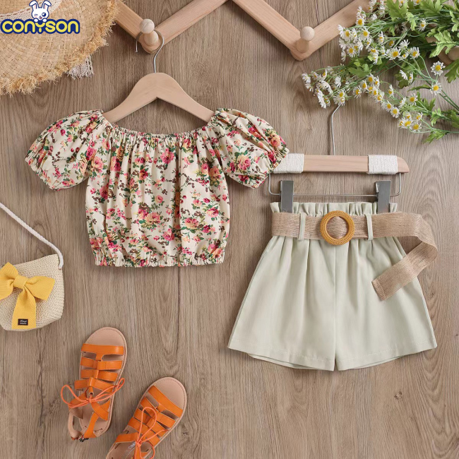 Conyson Garment kids girls summer set 1-6 years shirt short pants clothing set children boutique baby girl flowers outfit set