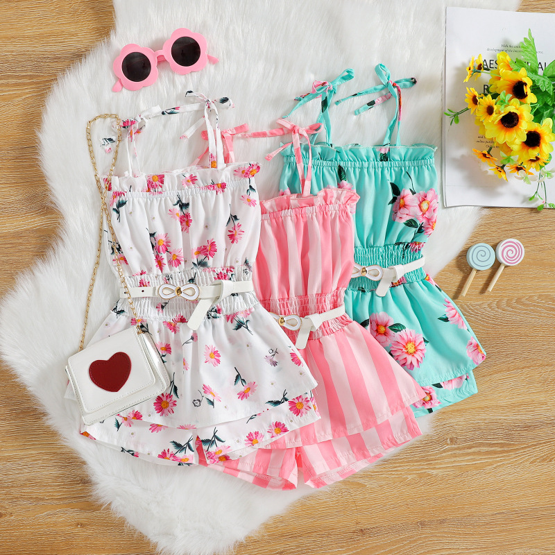 Conyson Infant Kids Girls Summer Sweet Jumpsuits Pants 0-4Y Striped/Flower Printed Strap Sleeveless Lace Up Playsuit With Belt