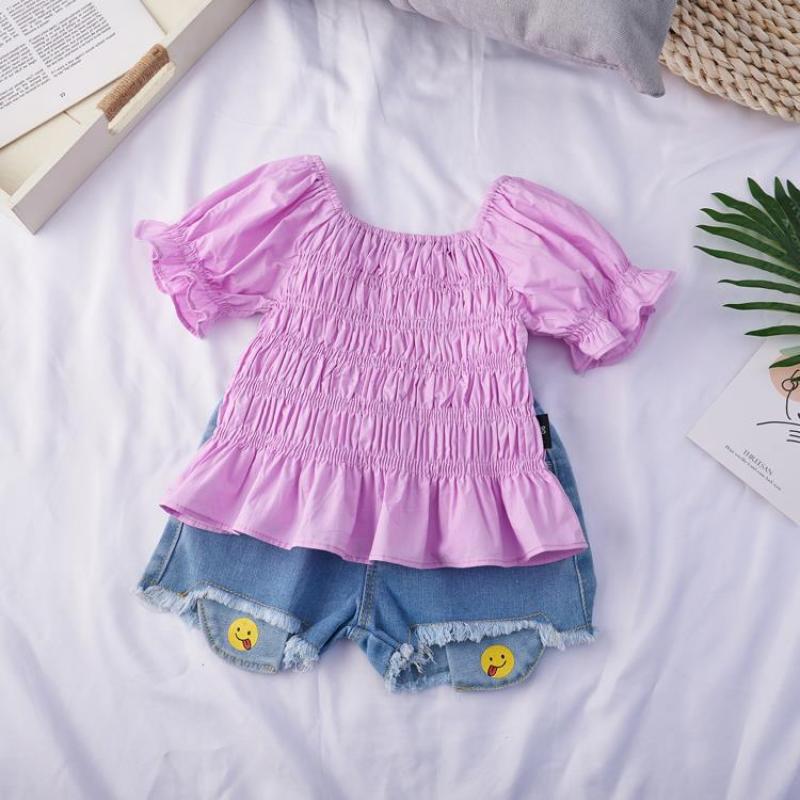 Conyson boutique Children's Kids Korean Fashion square Neck pure color Girl T-shirt fold Summer kids Girls clothing Tops T-shirt