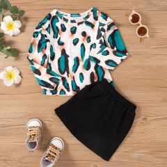Conyson Latest Design Western Style Fashionable Leopard Printing Design Long Sleeve Kids Designer Girls Two Piece Skirt Sets