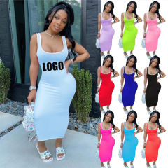 factory price new arrival fashion Solid color Custom logo women sleeveless one piece casual clothing Summer designer adult dress