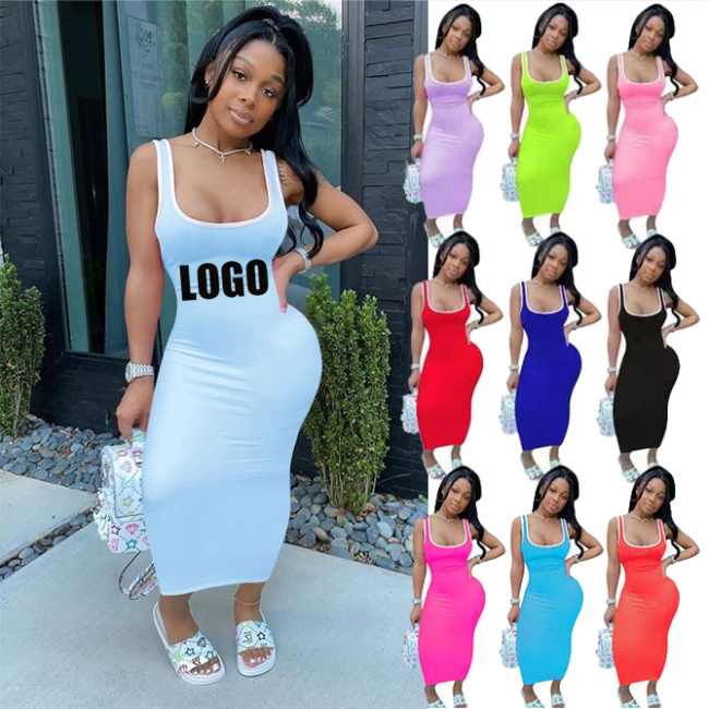 factory price new arrival fashion Solid color Custom logo women sleeveless one piece casual clothing Summer designer adult dress