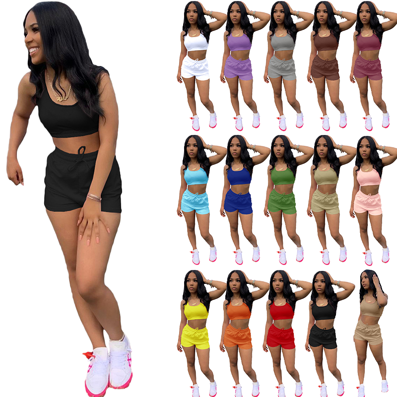 Conyson 2022 Custom Summer Outfits Women Clothing 2 Piece Set Crop Tank Top Jogger Biker Lounge Wear Two Piece Shorts set