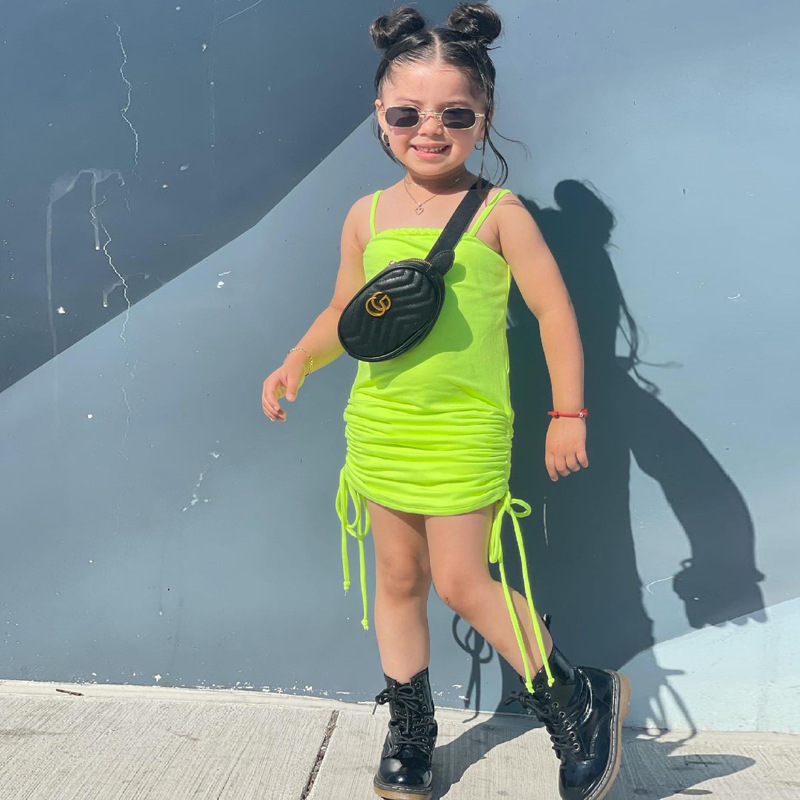 Conyson Wholesale Summer New Fashion Kids Clothes Halter Sleeveless Drawstring Skirt Solid Designer Little Girls Dress for Kids