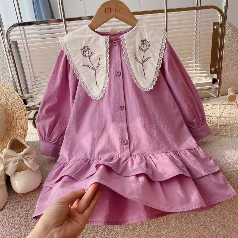 Conyson Stock Lots 3-8 Year Old Long Sleeve Frocks Designs Turn-down Collar Kids Flower Princess Fancy Baby Girls Casual Dress