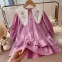 Conyson Stock Lots 3-8 Year Old Long Sleeve Frocks Designs Turn-down Collar Kids Flower Princess Fancy Baby Girls Casual Dress