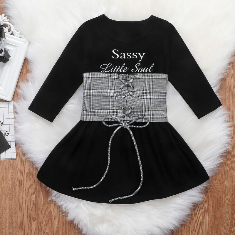 Conyson Hot Sale Cute Kids Baby Girls Dress+Belt 2Pcs Long Short Sleeve Letter A-Line Dress+Plaid Belt Vest Outfits Set