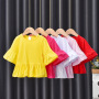 Conyson boutique custom logo made Korean teen kids Fashion pure color fold wide sleeve wear Girl clothing one piece girl T-shirt