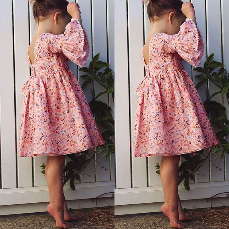 Conyson Summer Flower Kids Girls Dress Flare Sleeves Lace Casual Children Girl Cotton Pink Sweet Elegant 2-6Y Girls Dresses