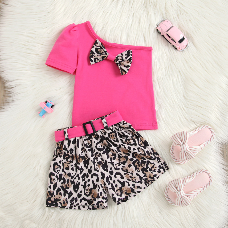Conyson Summer Fashion Kids Girls Clothes Sets 3pcs Leopard Printed One Shoulder T-shirts Tops Shorts With Belt Baby Casual Suit