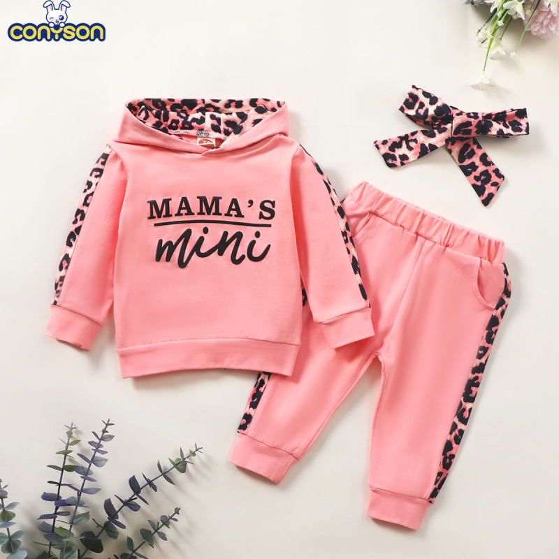 Conyson High Quality Spring Autumn Mini Letter Pullover Hoodie Sport Leopard Printed Kids Clothing 3pcs Baby Girl Clothes Sets