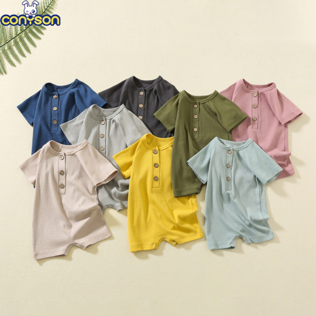 Conyson Wholesale Customize Baby Clothes Solid Cotton New Born Summer Knitted Unisex Spanish Sweatshirt Short-Sleeve Baby Romper