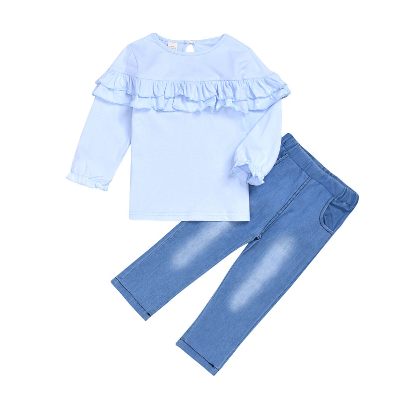 New Fashion Casual Ruffle Top Without Hood Jeans Suit Girl Clothes Childrens Summer Sets
