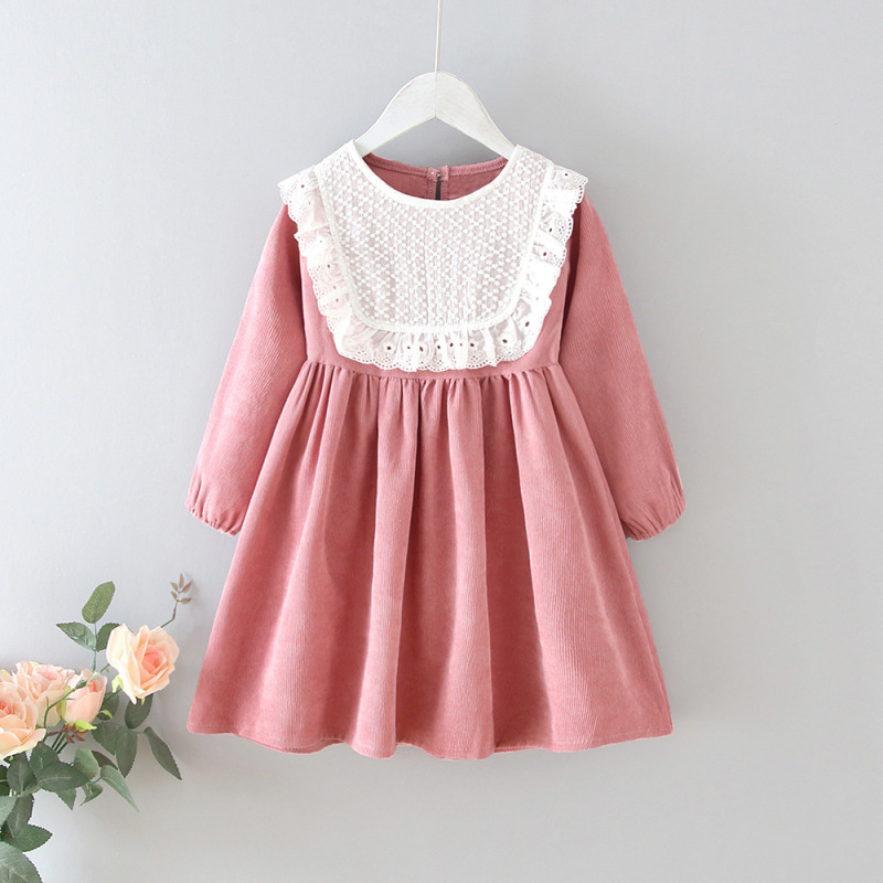 Girls' Corduroy Round Neck Retro Cotton Baby Dress Baby Long sleeve Casual Dress