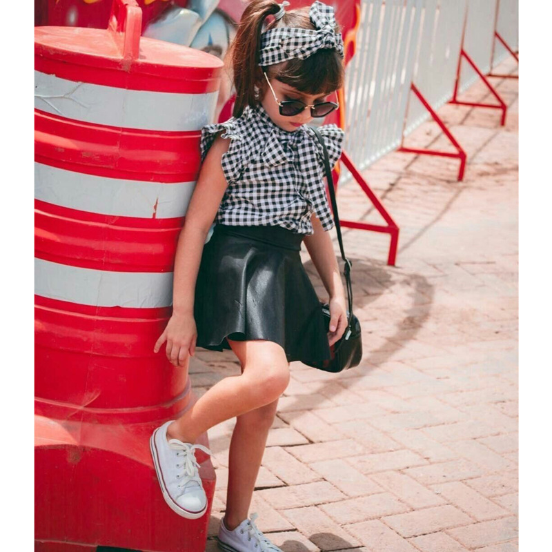 Baby Girls Plaid Headbands Summer Girls Clothes Set Kids Sleeve Shirt Skirt Outfit Girls Plaid Clothes Set