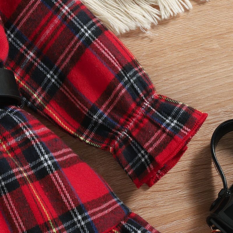 Christmas Princess Dress Brushed England Style Plaid Waist Belt Children Skirt Turn-down Collar Double Ruffle Lovely Party Cloth
