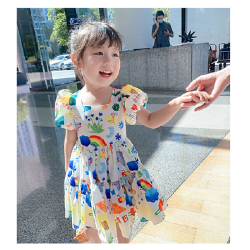 2021 summer new Korean style puff sleeve baby hot-selling children's wear Girls dress Little Kids Clothing