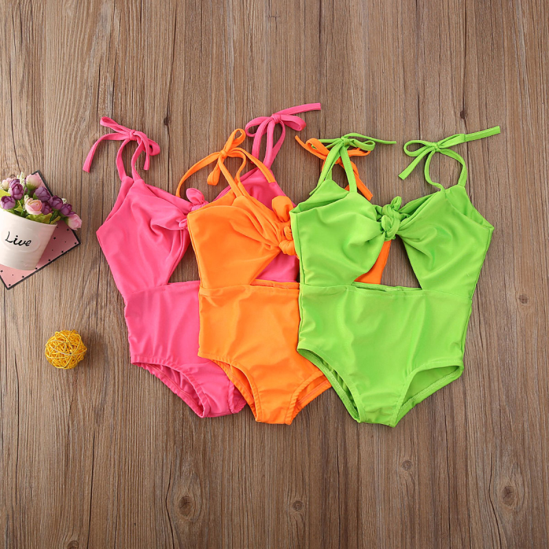 Conyson Wholesale Kids Girl Bow Swimwear  Clothes Solid Vest Beachwear Bikinis Pink One-piece Breathable Children's Swimsuis
