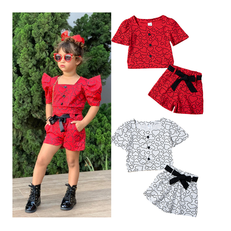 Conyson Fashion Kids Girls 2pcs Clothes Sets Love-heart Printed Ribbed Square Neck Short Sleeve T-shirts Shorts Casual Outfits