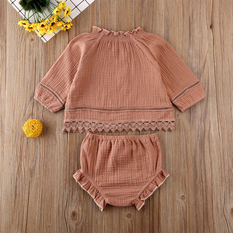 Conyson Newborn Infant Baby Girl Clothes Set Solid Long Sleeve Loose Lace Tops T-shirt Ruffle Shorts Pants Clothes Tracksuit Set