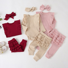 Conyson Wholesale New Kids Clothing Spring Baby Girl 3 pcs Vintage with buttons Outfit Long Sleeves Heart Print Baby rompers