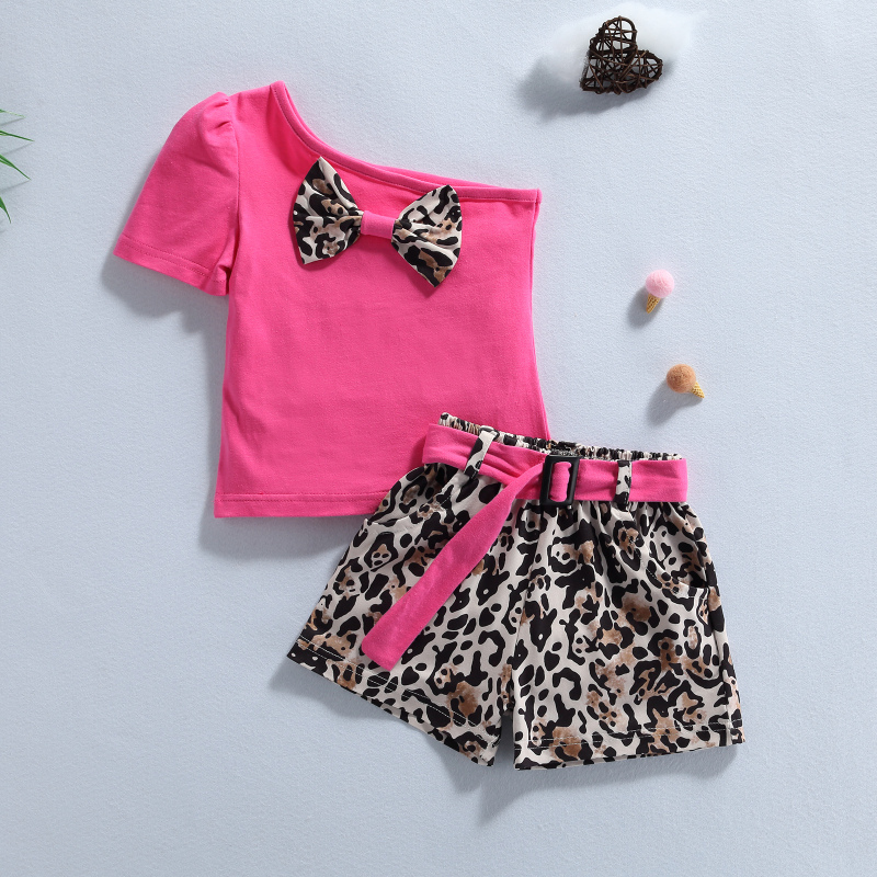 Conyson Summer Fashion Kids Girls Clothes Sets 3pcs Leopard Printed One Shoulder T-shirts Tops Shorts With Belt Baby Casual Suit