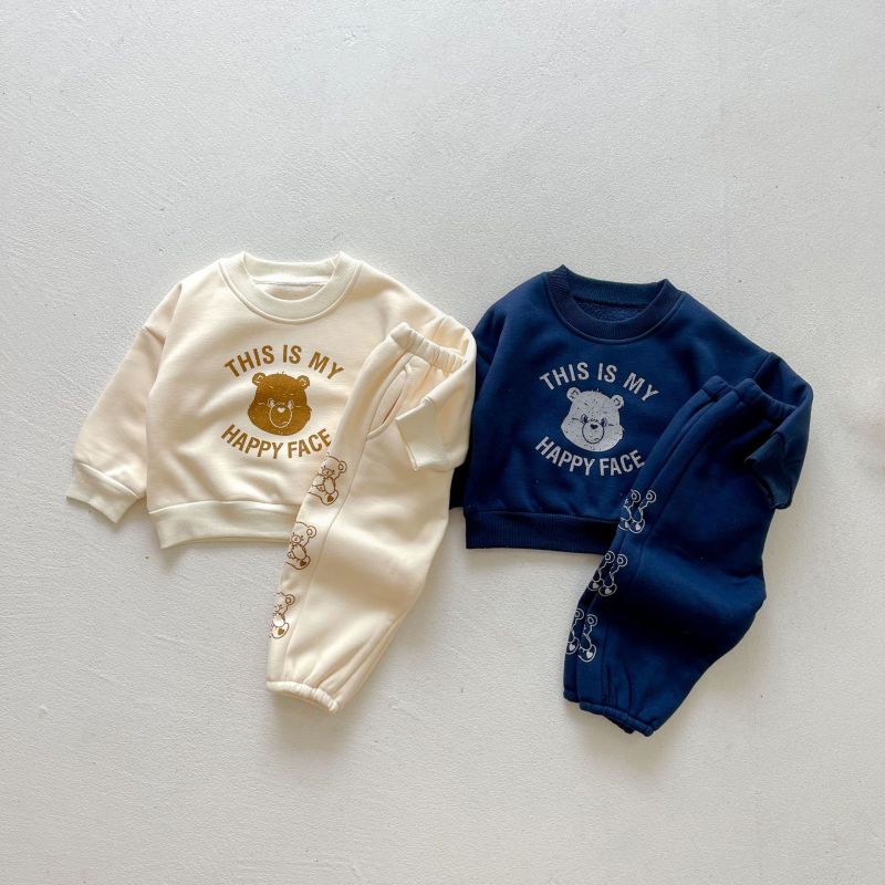 Wholesale Autumn Winter Cute Bear Round Collar two piece Plush warm sports tracksuits Sweater Baby clothing Set