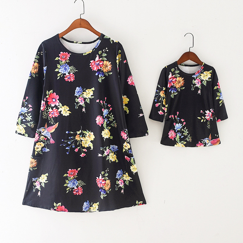 Conyson fashion boutique Cotton Little Girls Mommy And ME long sleeve print flowers Dress Family Parent-Child Clothing