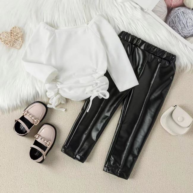 Conyson Casual Kids Girl Clothing Sweater Leather Pants Outfits Long Sleeve Top Pu Pant  With Belt  2pc Girls Sets