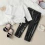 Conyson Casual Kids Girl Clothing Sweater Leather Pants Outfits Long Sleeve Top Pu Pant  With Belt  2pc Girls Sets
