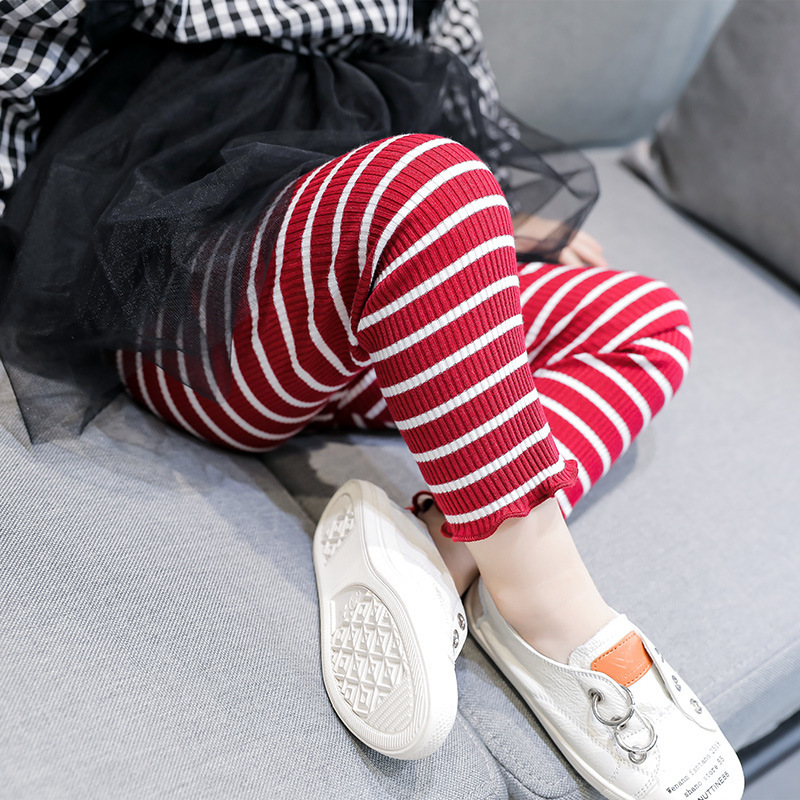 Customize Tight Breathable 2-7Years Plain Dyed Knitted Girls Trousers Wholesale Stripe Kids Leggings