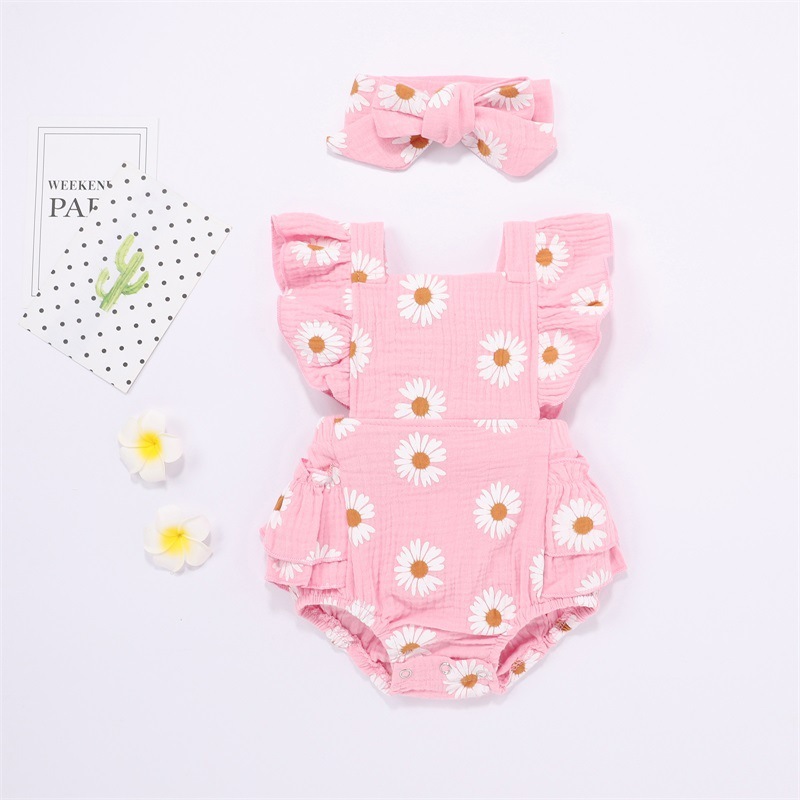 New 2021 Summer Newborn Baby Girl Clothes Sleeveless Romper Outfits Baby Girl Clothes Printed Floral Romper Jumpsuit +headband