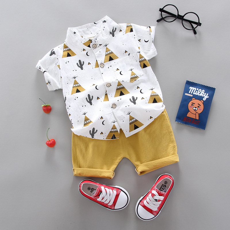wholesale 2021 Popular Summer cotton cartoon children clothes short Sleeve button tops pure color shorts baby Girls Boys sets