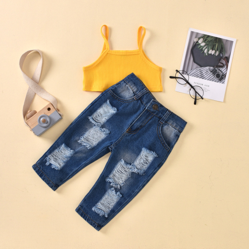 Conyson Fashion Casual Baby Girls Clothes Summer Kids Sleeveless Solid Vest Ribbed Crop Top Ripped Denim Pants 2pcs Tracksuits