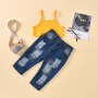 Conyson Fashion Casual Baby Girls Clothes Summer Kids Sleeveless Solid Vest Ribbed Crop Top Ripped Denim Pants 2pcs Tracksuits