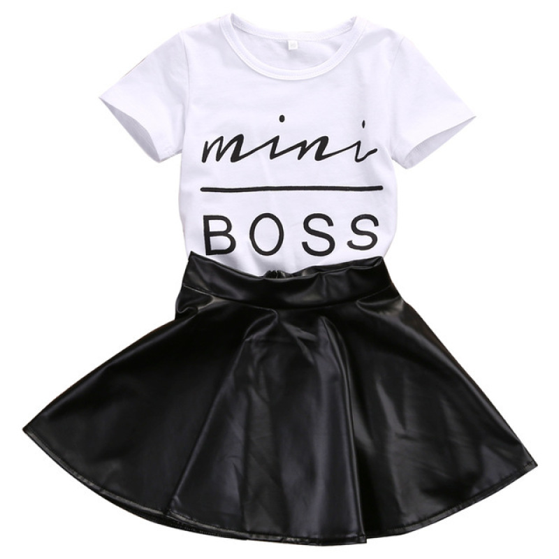 Conyson Wholesale Short Sleeve Pu Leather print logo Skirt Korean Child Girls Summer 2Pcs Clothes Clothing Set