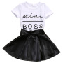 Conyson Wholesale Short Sleeve Pu Leather print logo Skirt Korean Child Girls Summer 2Pcs Clothes Clothing Set