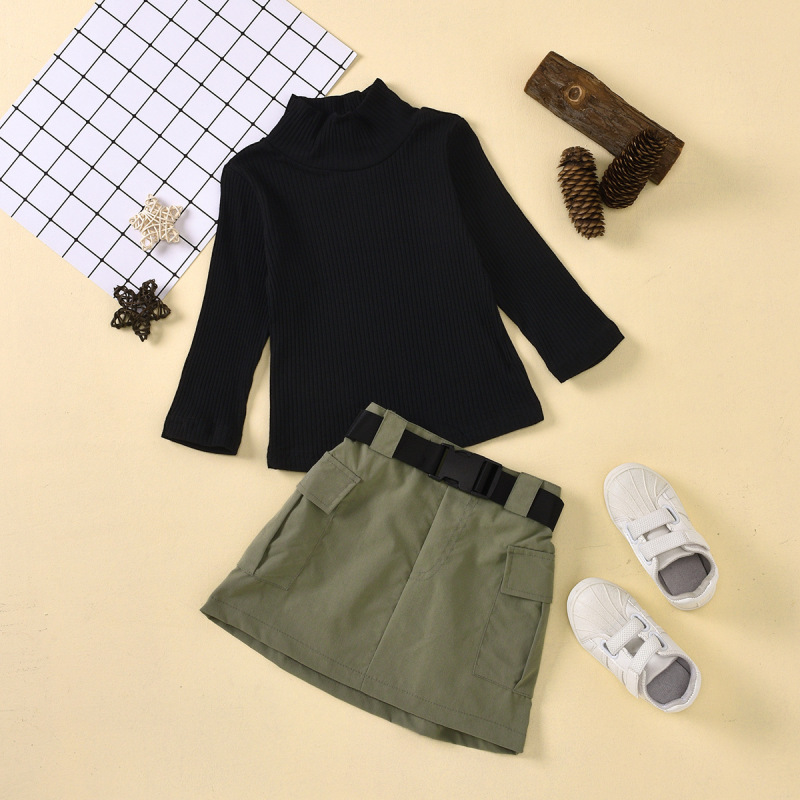 Wholesale Set 2021 autumn winter Girls pit stripe high collar Tops With pure color cargo belt short skirt children's suit