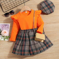 Conyson New Arrival Spring Hot Sale Ruffle Strip Knitted Pullover plaid pleated Skirt With Hat Three Pcs  Baby Girl Clothing set