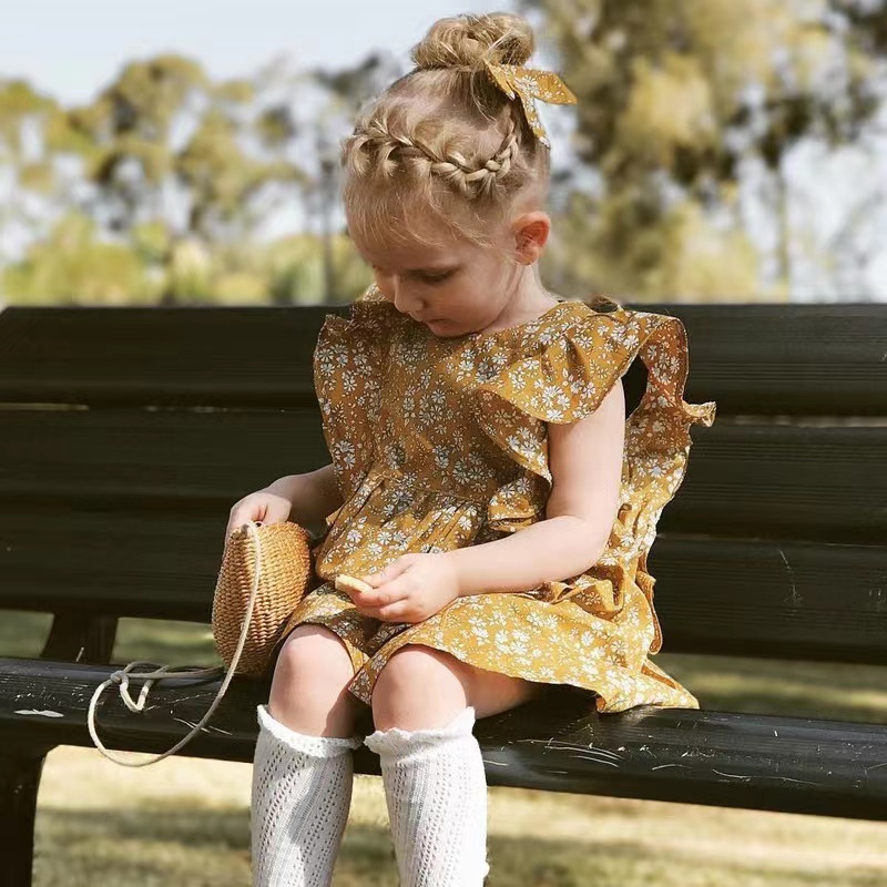 Conyson boutique Solid Color Kid Clothes fly sleeve Casual Baby Girl Bow Princess clothing Dress