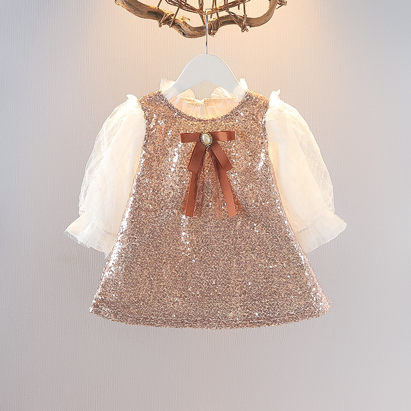 Conyson New Fall Kids Girl Clothing Mesh Long Ruffle Sleeve Shiny Sequin Bow Mid Dress Elegant Princess Party Dresses