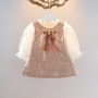 Conyson New Fall Kids Girl Clothing Mesh Long Ruffle Sleeve Shiny Sequin Bow Mid Dress Elegant Princess Party Dresses