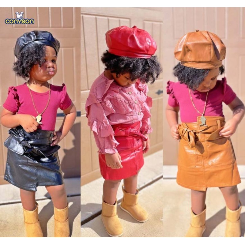 Conyson New Kids Girls Fashion Spring Clothing Solid Leather Skirts For Kids Girls Korean Short Dress Girl Pu Leather Skirt