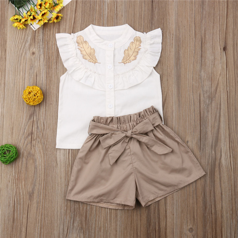 Girls Clothing Childrens 2021 Lovely Kid Baby Girls Feather Clothes Sets Summer Sleeveless Tops Shorts 2pcs Suit Outfits Kids
