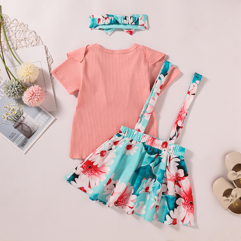 Conyson Wholesale Hot Fashion Summer Kids Girls Clothes Sets Ruffles Fly Sleeve Solid T Shirts+Floral Suspender Skirt Headband