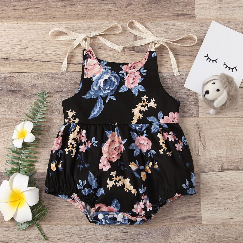 Wholesale Newborn Kid Sling Romper Baby Girl Summer Outfit Summer Clothes Sleeveless Flower Print Baby Girls Jumpsuit Romper